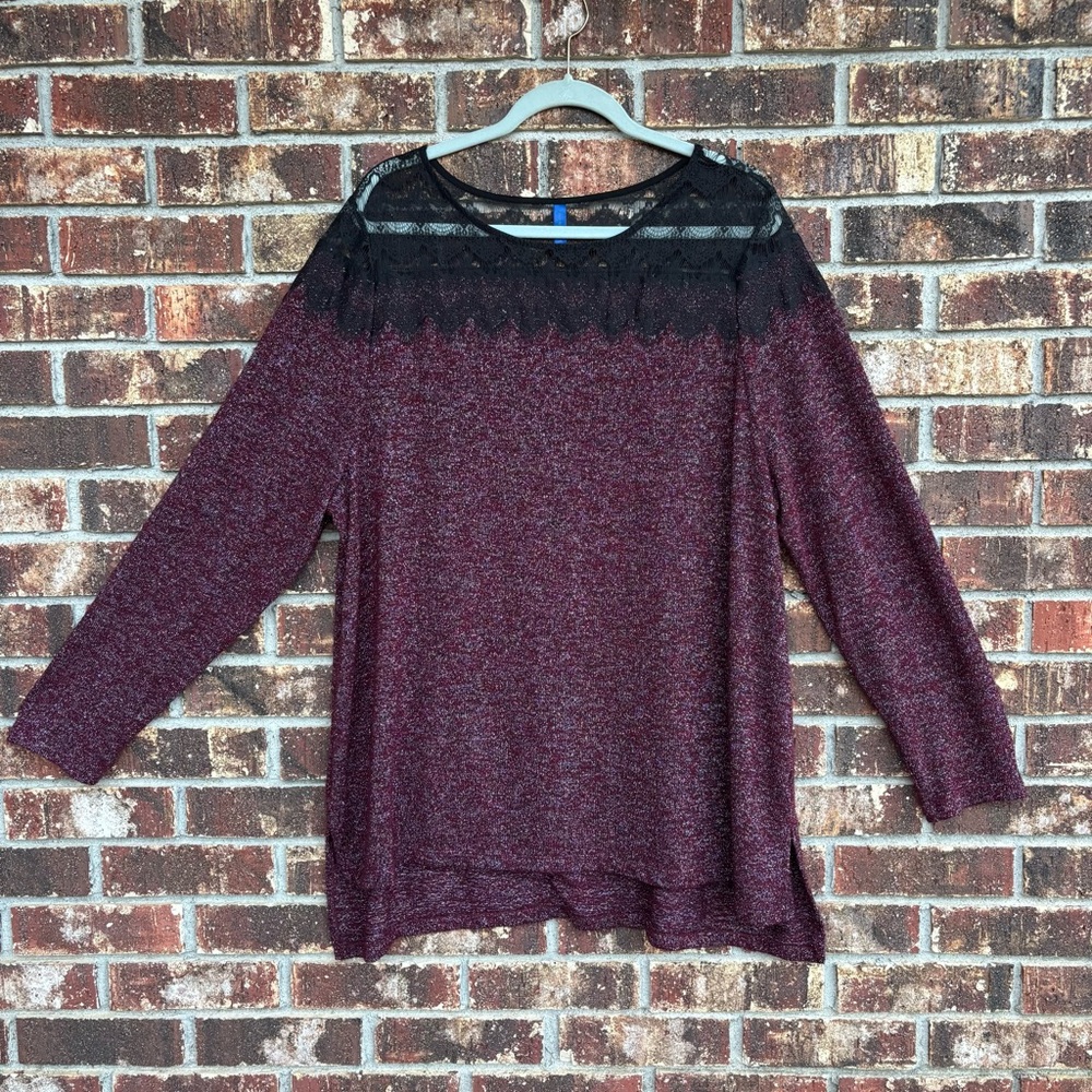 Falls Creek Lace Trim Tunic Top Size 3X Long Sleeve Maroon with Metallic Detail